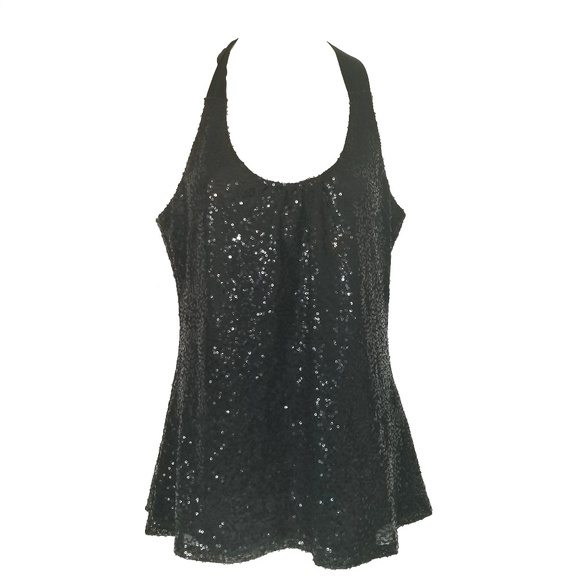 Express Tops - Express Sequin Covered Black Racer-Back Tank Top S